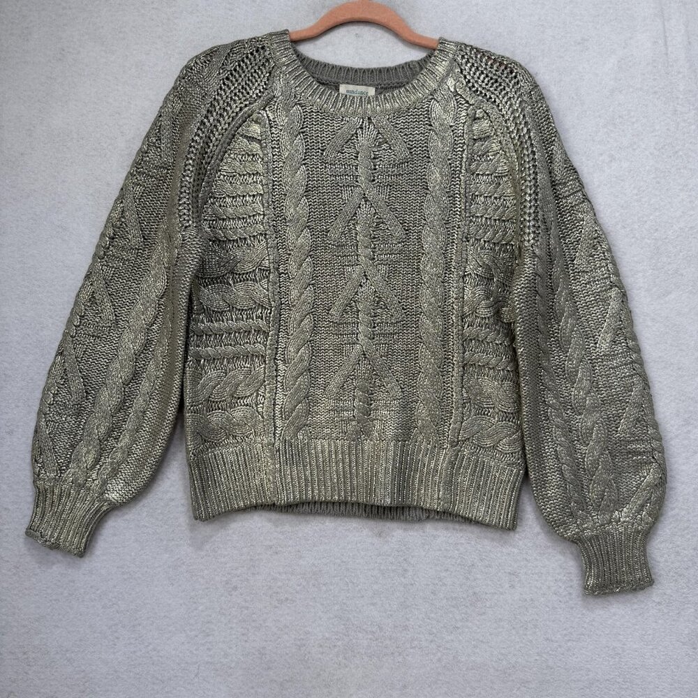 Sundance Sweater Womens Small Silver Gray Metallic Cable Knit Crewneck Pullover